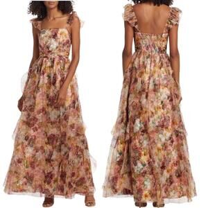 New Alice + Olivia Jasmina Floral Ruffle Maxi Gown Pink Size 14